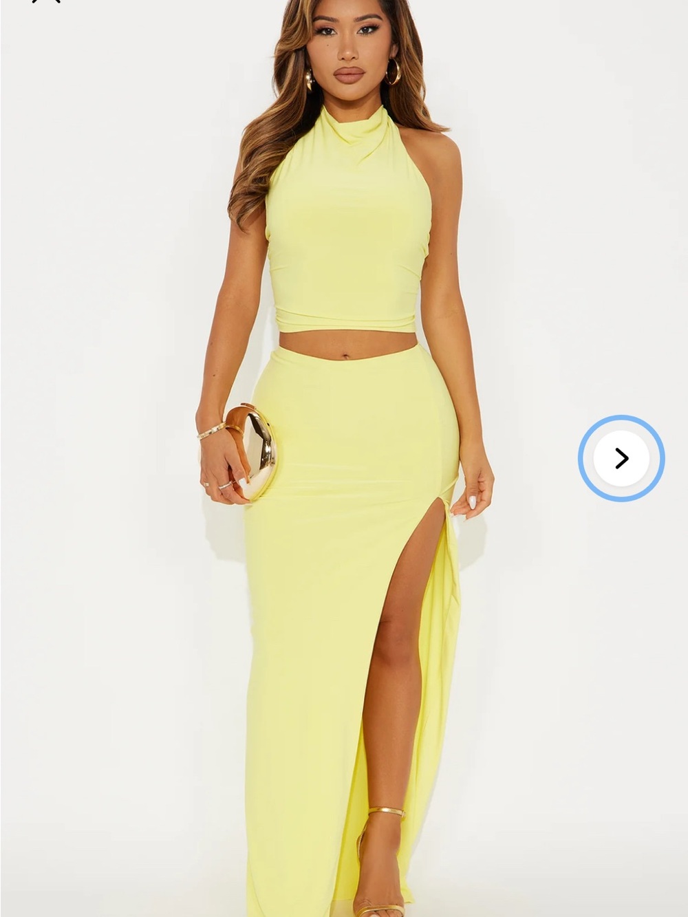 Fashion Nova Lemon Yellow Halter Top, High-Slit Maxi Skirt Two Piece Set